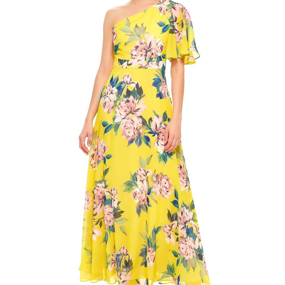 Yellow Floral Eliza J One-Shoulder Dress Size 14